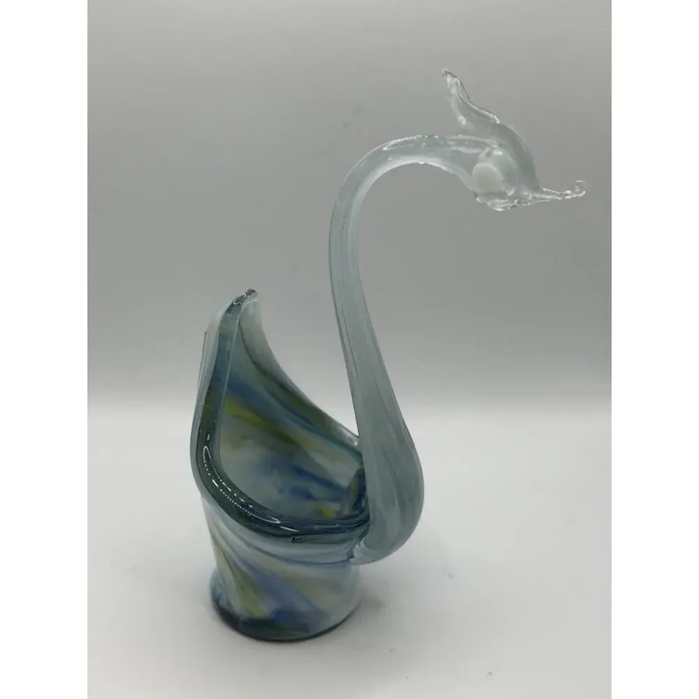 Vintage Hand Blown Art Glass Swan Vase Blue Slag Swirl MCM 10.5”